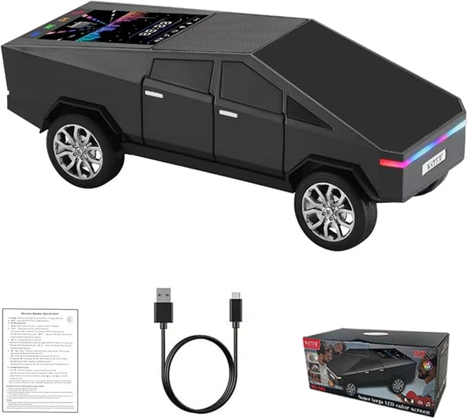Futuristic Pickup Truck Bluetooth Speaker with LED Display Screen – TWS Stereo, FM Radio, USB/TF Playback, LED Headlights, Built-in Mic, Gift for Truck Fans, Auto Style Lovers&Tech Collectors (Black)
