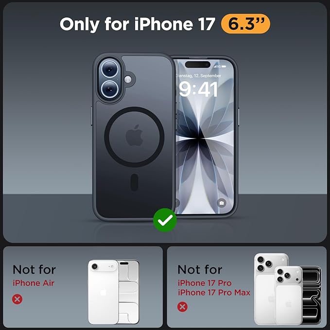 Miracase Magnetic for iPhone 17 Case (Compatible with MagSafe) with Screen Protector Military-Grade Protection, Anti-Fingerprint Translucent Matte Phone Cover for iPhone 17 6.3 inch, Black