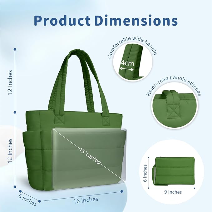 TOPDesign Puffer Tote Bag for Women, Lightweight Puffy Handbag with Compartments, Quilted Shoulder Bag for Work, Travel, Gym