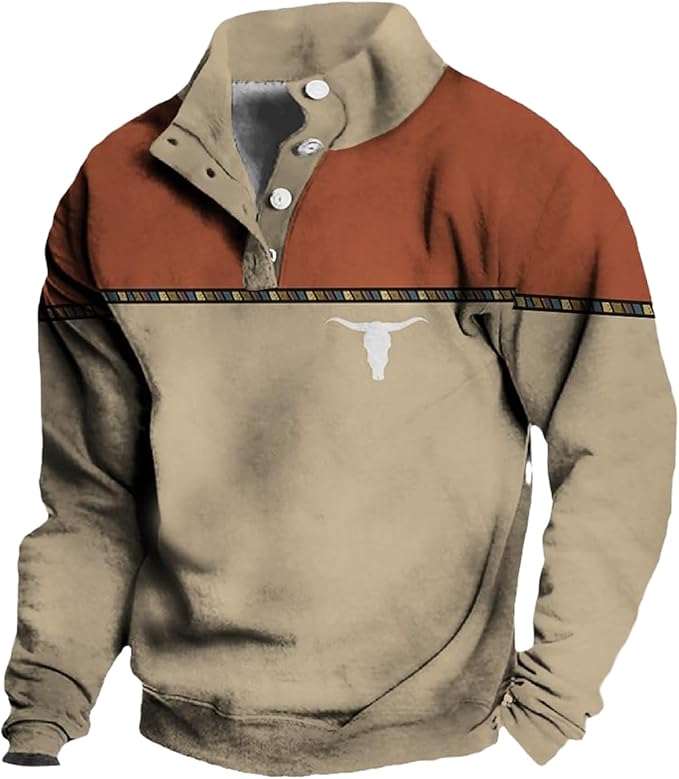 Western Sweatshirts for Men Aztec Retro Pullover Quarter Zip Sweatshirt Mens Stitching Color Fleece Sweatshirt