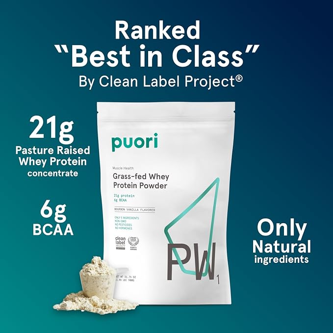 Puori Whey Protein Powder, Bourbon Vanilla - PW1 Pasture-Raised, Grass-Fed Whey Protein Powder Drink Mix containing BCAA Amino Acids - Post-Workout Supplement for Muscle Gain & Recovery - 30 Servings
