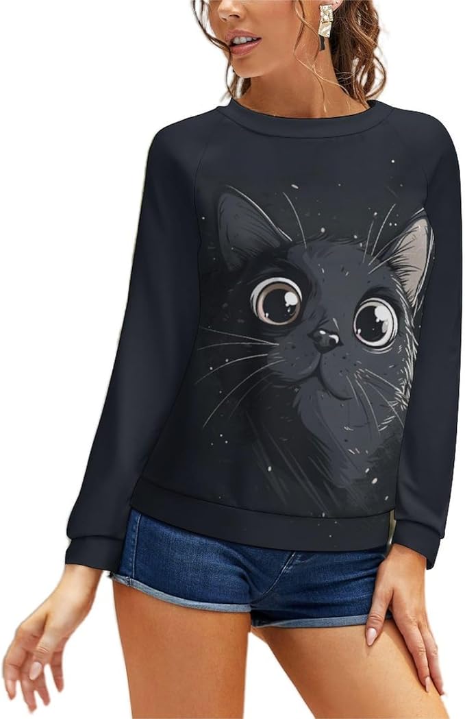 Long Sleeve Shirt Women Fall Cat Print Funny Hide Belly Vacation Plus Size Ladies Hippie Dressy Sweaters