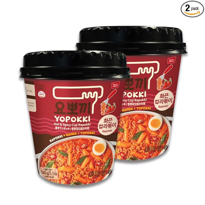 Yopokki Instant Rabokki Cup (Hot Spicy, 2 Cups) Korean Street food with Hot spicy sauce Ramen Noodle Topokki Rice Cake - Quick & Easy to Prepare