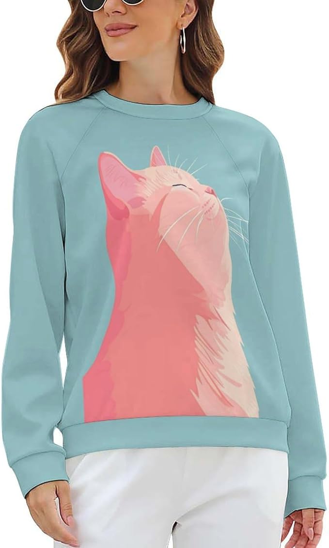 Long Sleeve Shirt Women Fall Cat Print Funny Hide Belly Vacation Plus Size Ladies Hippie Dressy Sweaters