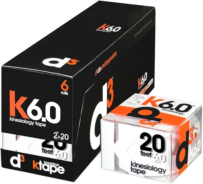 d3 K6.0 Kinesiology Tape - 2in x 20ft White (6 Rolls) Latex-Free Hypoallergenic Joint Muscle Sports Medical Injury Support