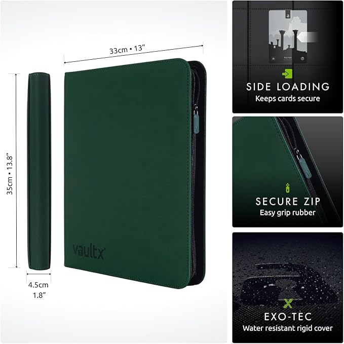 Vault X 12 XL Pocket Trading Card Zip Binder - 624 cards, Premium Exo-Tec Album Material, 26 Side-Loading Pages, Folder for Collectible Card Games, Sports, TCG (Green)