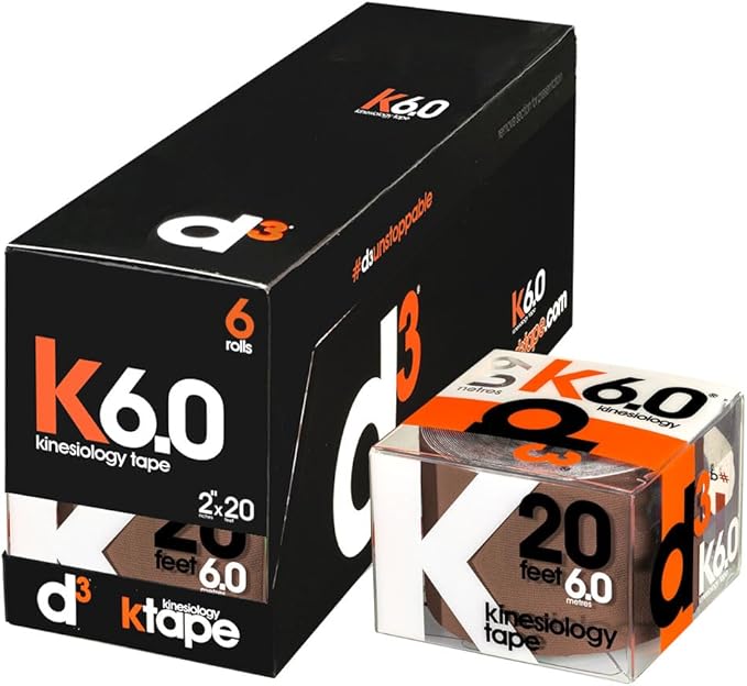 d3 K6.0 Kinesiology Tape - 2in x 20ft Light Brown (6 Rolls) Latex-Free Hypoallergenic Joint Muscle Sports Medical Injury Support