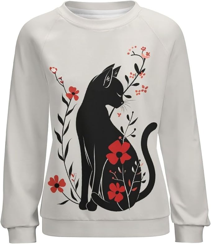 Sweatshirt for Women Cat Print Fashion Funny Plus Size Ladies Dressy Crewneck Casual Trendy Tee Shirts