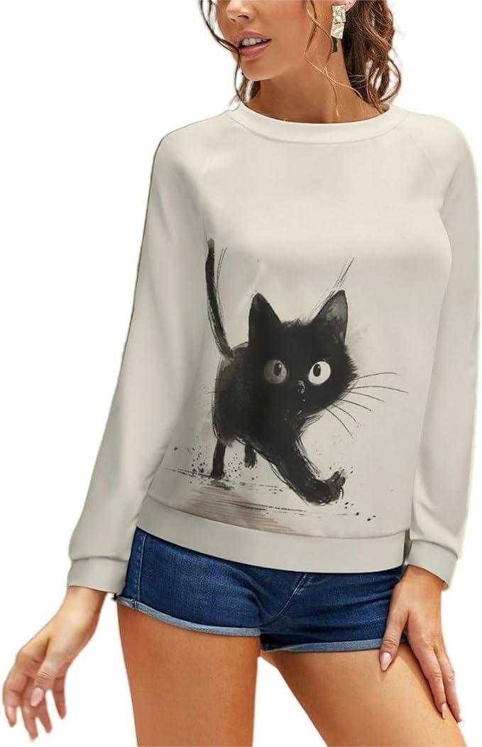Long Sleeve Shirts for Women Cat Printed Fall Winter Dressy Holiday Casual Fashion Crewneck Tunic Tee Shirts