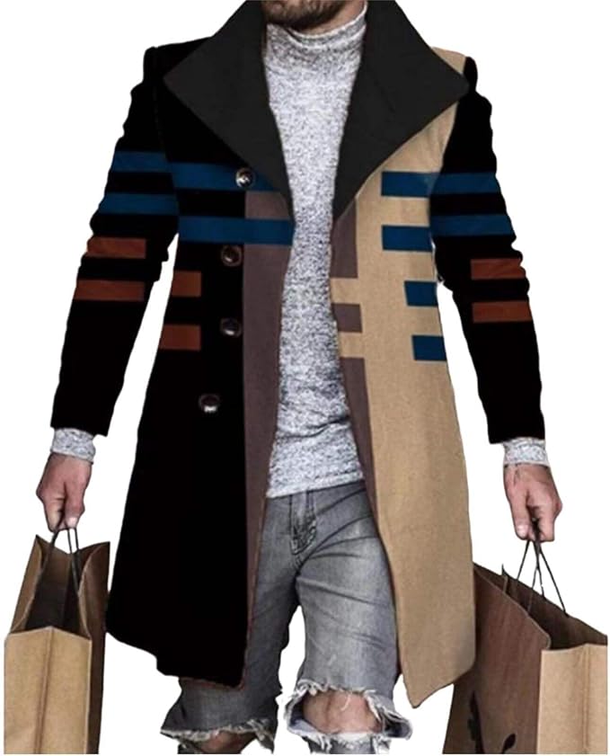 Men's Plaid Long Trench Coat Mid - Length Lapel Collar Button Down Warm Overcoat for Winter & Autumn Fashion