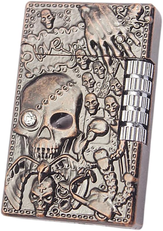 KAIEOMGN Carving Skull Antique Lighter, Vintage Cool Metal Lighters Refillable, Novelty Lighters for Men for Candles Ideas (No Butane Fuel). (Red Copper)