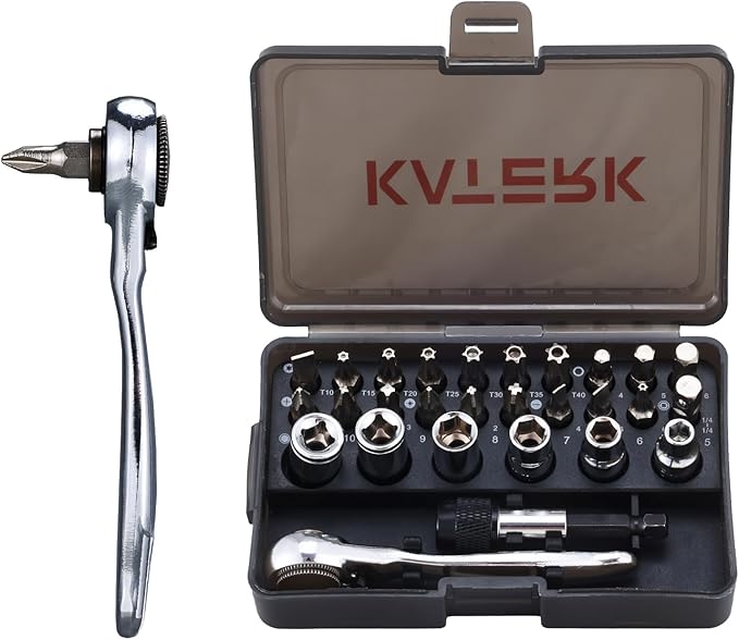 Katerk 28 in 1 Magnetic Screwdriver Set, 90 Degree Offset Ratcheting Wrench, 1/4 Mini Ratchet Wrench Set, Right Angle Ratcheting Screwdriver Set and Bit with Metric Socket Set for Tight Spaces