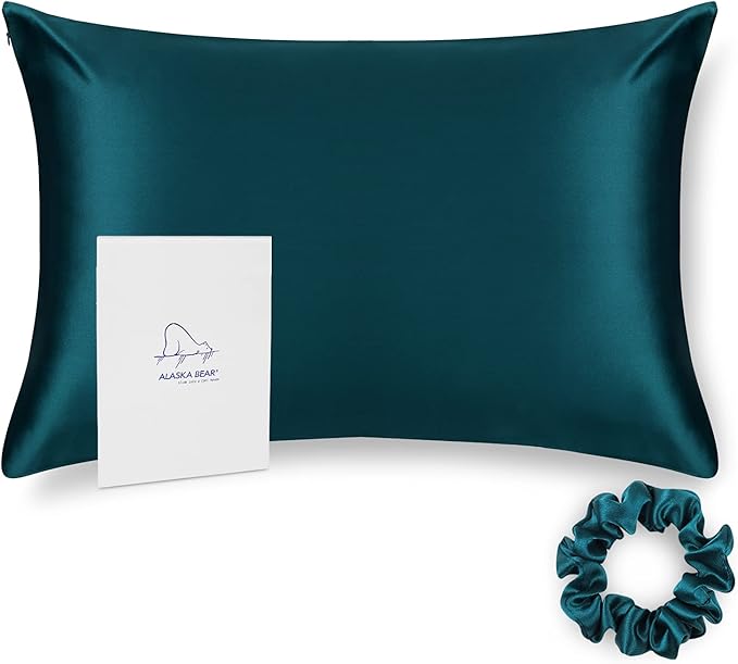 ALASKA BEAR Silk Pillowcase for Hair and Skin, 100% Mulberry Silk Pillow Cases Queen Size for Bliss Sleep with Random Color Scrunchy Gift Set Better Than Poly Satin, 1pc, Teal/Dark Turquoise