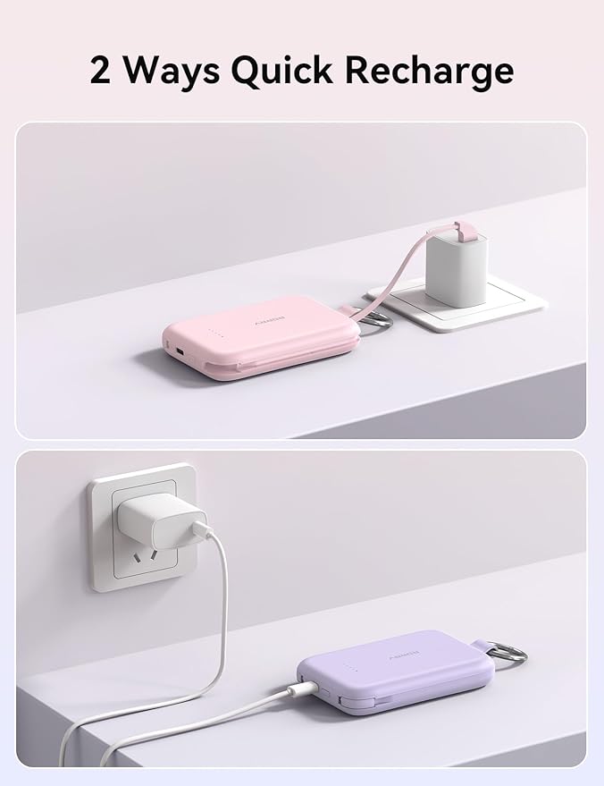 RORRY Portable Charger, 10000mAh PD 30W Fast Charging Portable Charger Power Bank with Built-in Cables, Travel Keychain Charger Battery Pack for iPhone 17/16/15/14/13/12, for AirPods 2/3/4/Pro, Purple