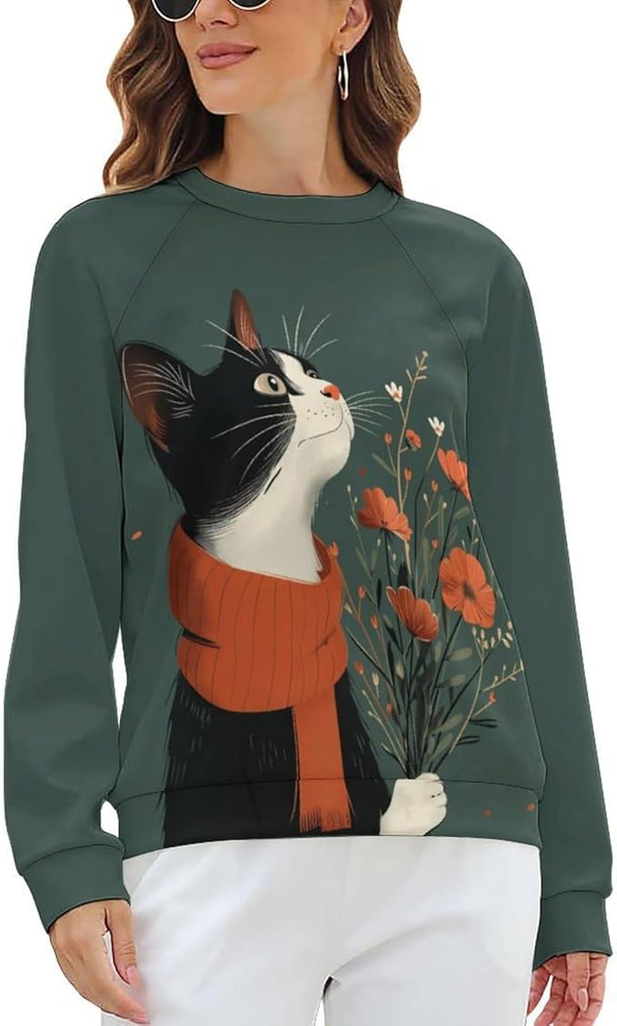 Long Sleeve Shirts for Women Cat Printed Fall Winter Dressy Holiday Casual Fashion Crewneck Tunic Tee Shirts