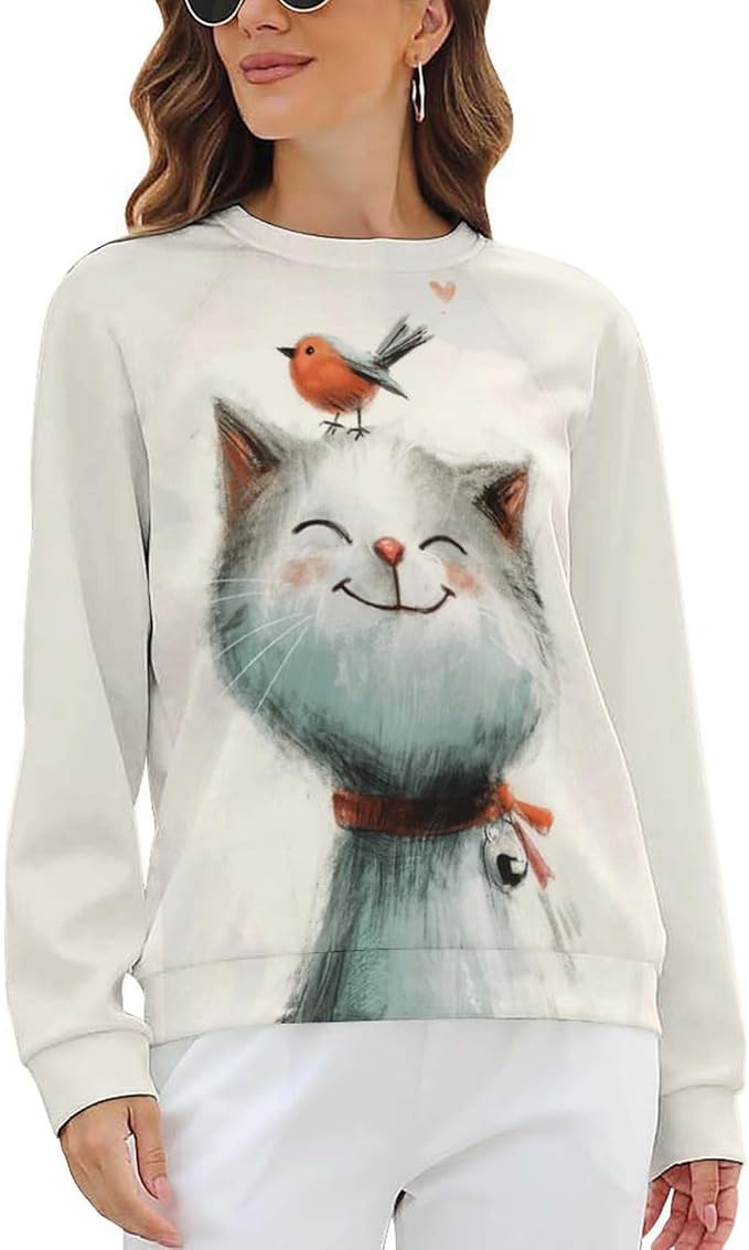 Long Sleeve Shirts for Women Cat Printed Fall Winter Dressy Holiday Casual Fashion Crewneck Tunic Tee Shirts