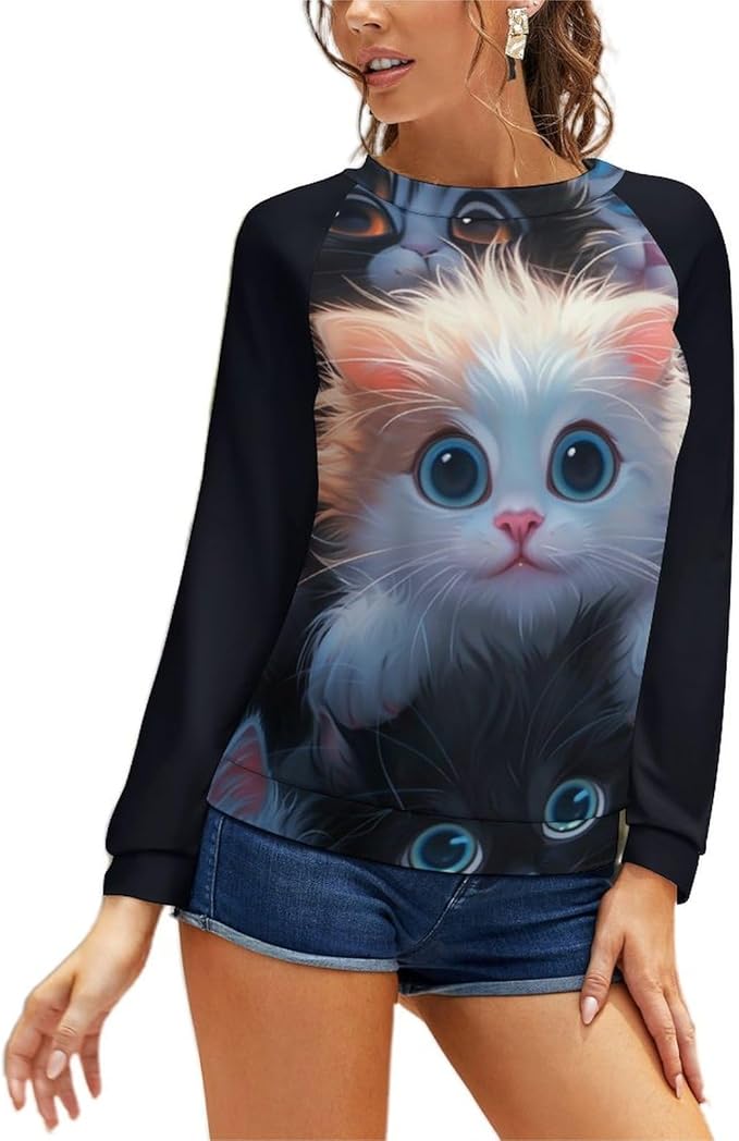 Long Sleeve Shirt Women Fall Cat Print Funny Hide Belly Vacation Plus Size Ladies Hippie Dressy Sweaters