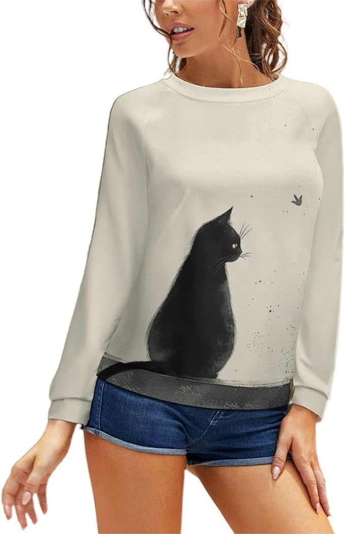Long Sleeve Shirts for Women Cat Printed Fall Winter Dressy Holiday Casual Fashion Crewneck Tunic Tee Shirts