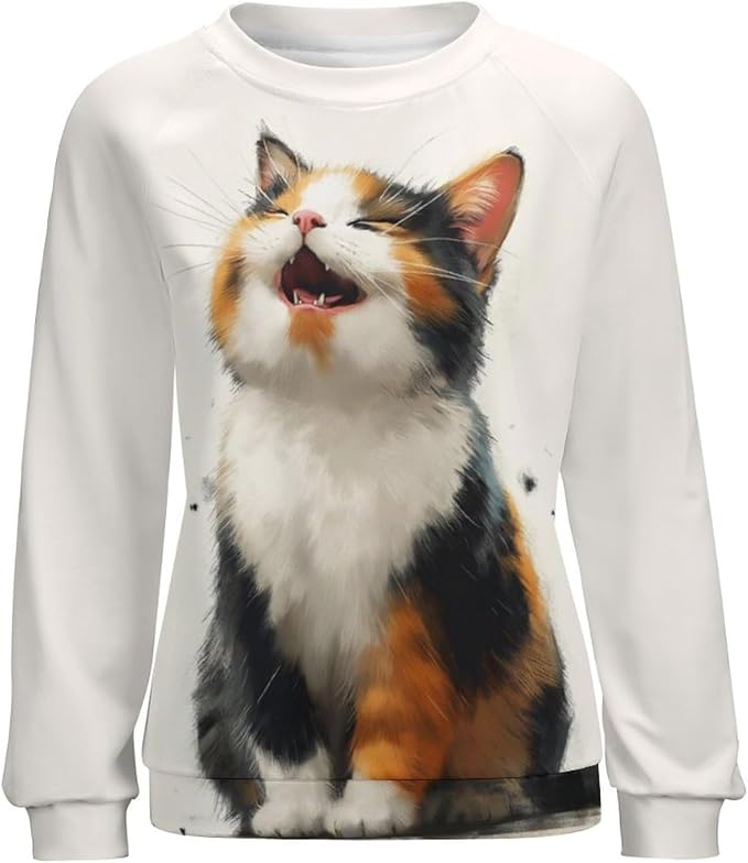 Long Sleeve Shirts for Women Cat Printed Fall Winter Dressy Holiday Casual Fashion Crewneck Tunic Tee Shirts
