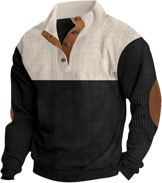 Men's Quarter Button Quilted Sweatshirt Classic Long Sleeve Elbow Patches Stand Collar Color Block Sweatshirts