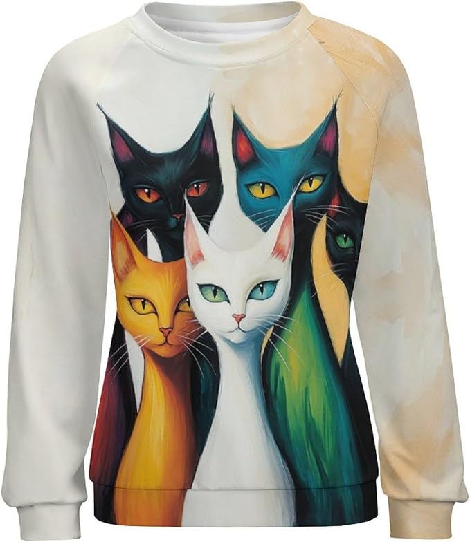 Fall Sweaters for Women 2024 Cat Print Long Sleeve Casual Crewneck Warm Fall Pullover Comfy Fashion Sweatshirts