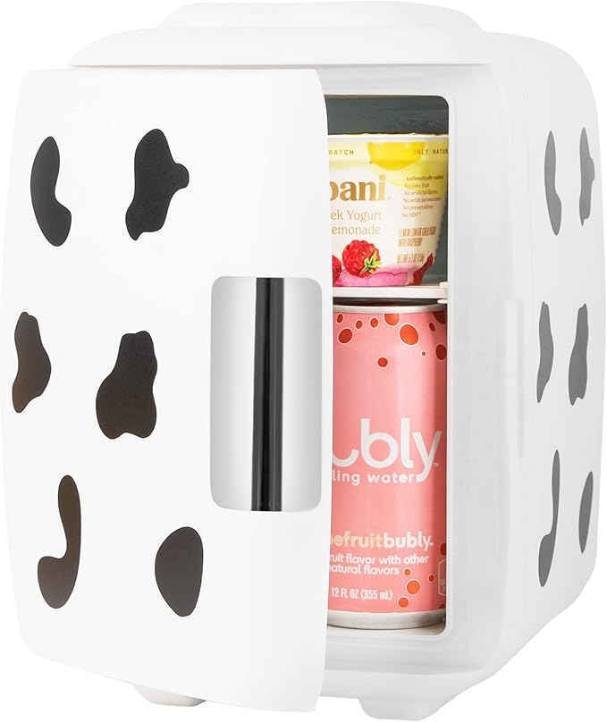 Cooluli Skincare Mini Fridge for Bedroom - Car, Office Desk & Dorm Room - Portable 4L/6 Can Electric Plug In Cooler & Warmer for Food, Drinks, Beauty & Makeup, 12v AC/DC & Exclusive USB, Cow Print