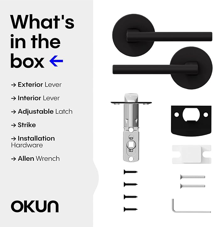 Okun Brio 1-Pack Matte Black Passage Door Levers – Reversible Non-Locking Interior Handles with Sleek Concealed-Mount Design for Hallways & Closets