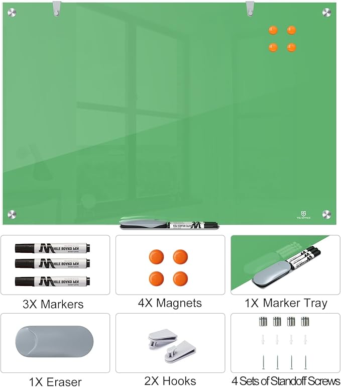 TSJ OFFICE Glass Dry-Erase Board - 36 x 24 Inches Wall Mounted Magnetic Whiteboard, Large Frameless Glass White Board for Office, Home & School, Green