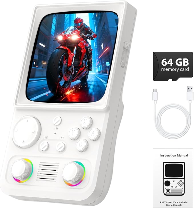 R36TMAX Retro Handheld Game Console, 4.0'' 720x720 IPS Screen, Open Source System, 64G Built-in 18000+ Classic Games, Supports WiFi Networked Fighting and OTG, 4000mAh, with Portable Case (White 64GB)