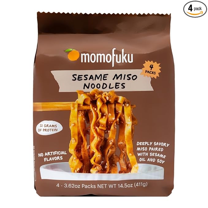 Momofuku Sesame Miso Ramen Noodles by David Chang, Air-Dried Instant Noodles with Sauce and 12g of Plant Based Protein, 4 Servings