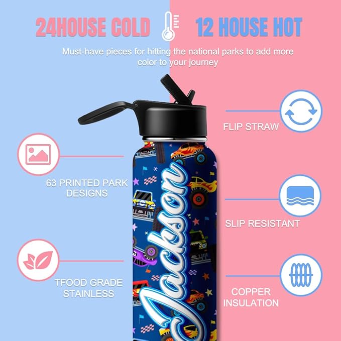 Personalized Water Bottles For Kids with Name, 18/32 oz Personalized Cute Stainless Steel Sports Water Bottle for Kid Men Women, Customize Double Wall Vacuum Insulated Bottle Birthday Gifts