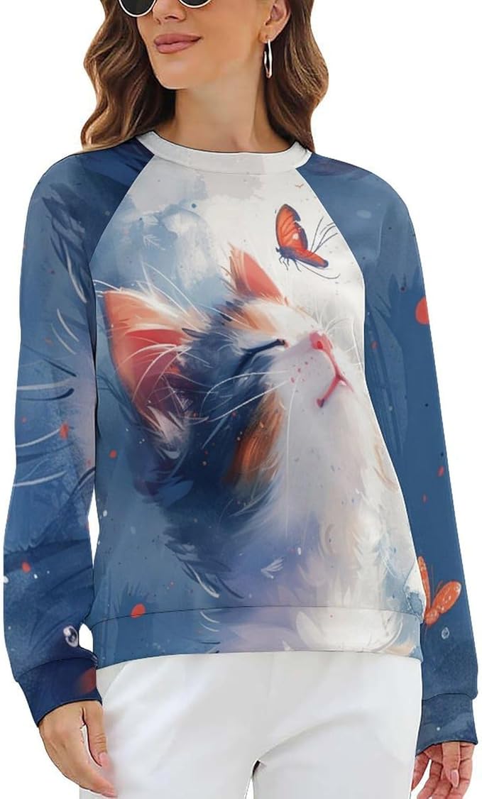 Long Sleeve Shirts for Women Cat Printed Fall Winter Dressy Holiday Casual Fashion Crewneck Tunic Tee Shirts