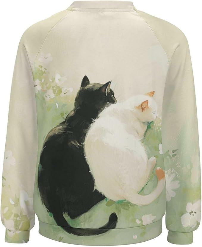 Long Sleeve Shirts for Women Cat Printed Fall Winter Dressy Holiday Casual Fashion Crewneck Tunic Tee Shirts