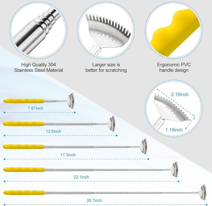 3 Pack Different Back Scratcher, Extendable Manual Back Massager Tool Metal Portable Telescoping Back scratchers with Beautiful Box Gifts for Men Women Kids Adults（Yellow）
