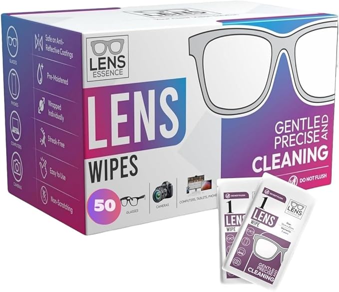 Eye Glasses Cleaner Wipes - Lens Wipes for Eyeglasses - Individually Wrapped Wipes - Multipurpose Cleaner for Cameras and Sunglasses, 50 Count (12cm x 20cm)
