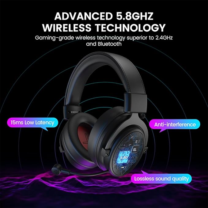 E900X 5.8G Wireless Gaming Headset for PC PS4, PS5, Computer, Laptop - Dual Mic ENC Call Noise Cancelling Headphones with Micphone - 7.1 Srround Sound - Over Ear Headphones for TV, Music, Meeting