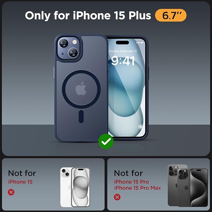 Miracase Magnetic for iPhone 15 Plus Case 6.7 inch (Compatible with MagSafe)（with 2X Screen Protectors） Military-Grade Protection, Anti-Fingerprint Translucent Matte Phone Cover, Dark Blue