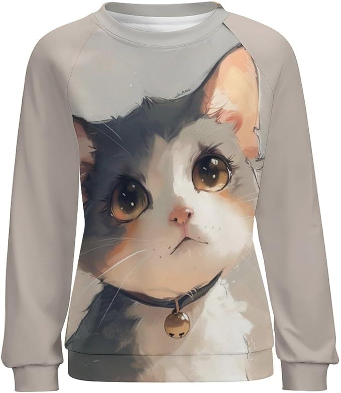 Long Sleeve Shirts for Women Cat Printed Fall Winter Dressy Holiday Casual Fashion Crewneck Tunic Tee Shirts