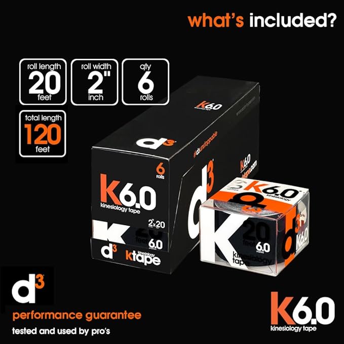 d3 K6.0 Kinesiology Tape - 2in x 20ft Black (6 Rolls) Latex-Free Hypoallergenic Joint Muscle Sports Medical Injury Support