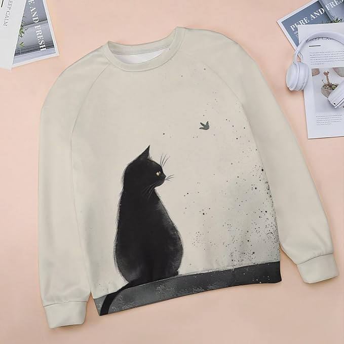 Long Sleeve Shirts for Women Cat Printed Fall Winter Dressy Holiday Casual Fashion Crewneck Tunic Tee Shirts