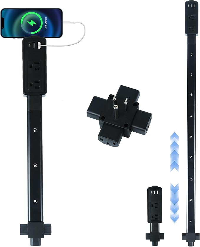 Extendable Outlet Extender Stick with 2 AC Outlets, USB-A & USB-C, 8.3"–36.1" Adjustable Length, 360° Rotatable Modular Design, Fireproof Housing & Overload Protection for Couches, Beds, Desks