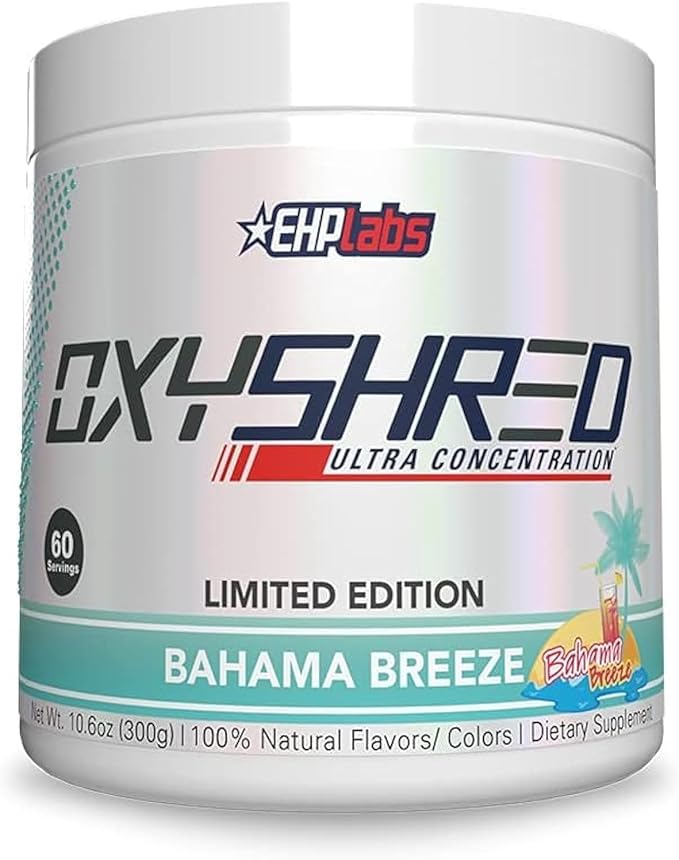 EHP Labs OxyShred Pre Workout Powder - Preworkout Powder with L Glutamine & Acetyl L Carnitine, Energy Boost Drink - Bahama Breeze, 60 Servings