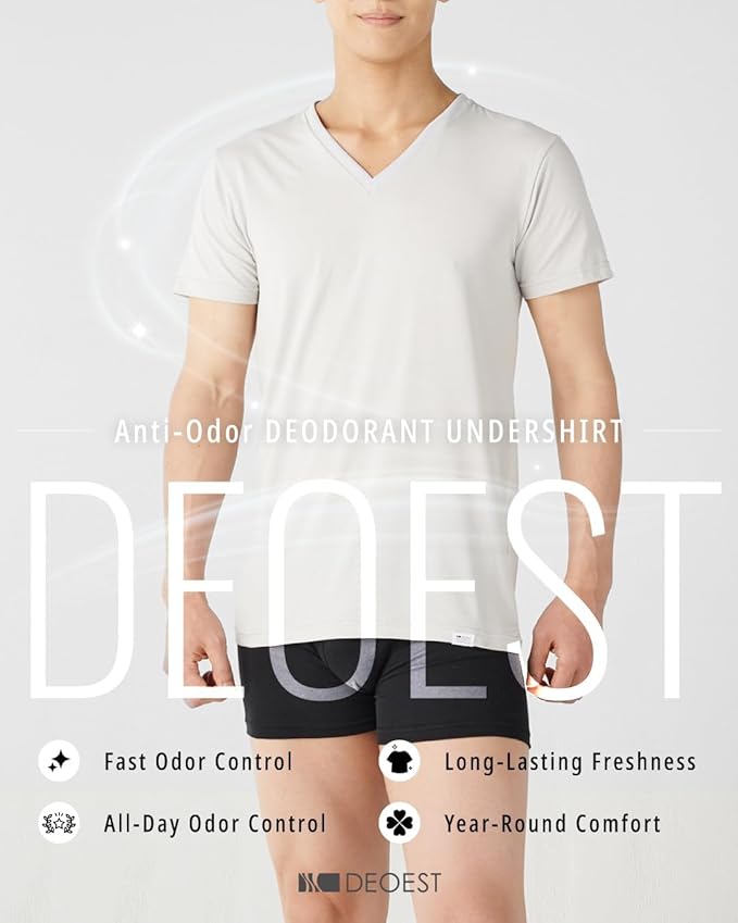 Men’s Anti-Odor Undershirt, Japanese Ceramic-Ion Tech, Source-Targeting Deodorizing, V-Neck Cotton, White, DEOEST
