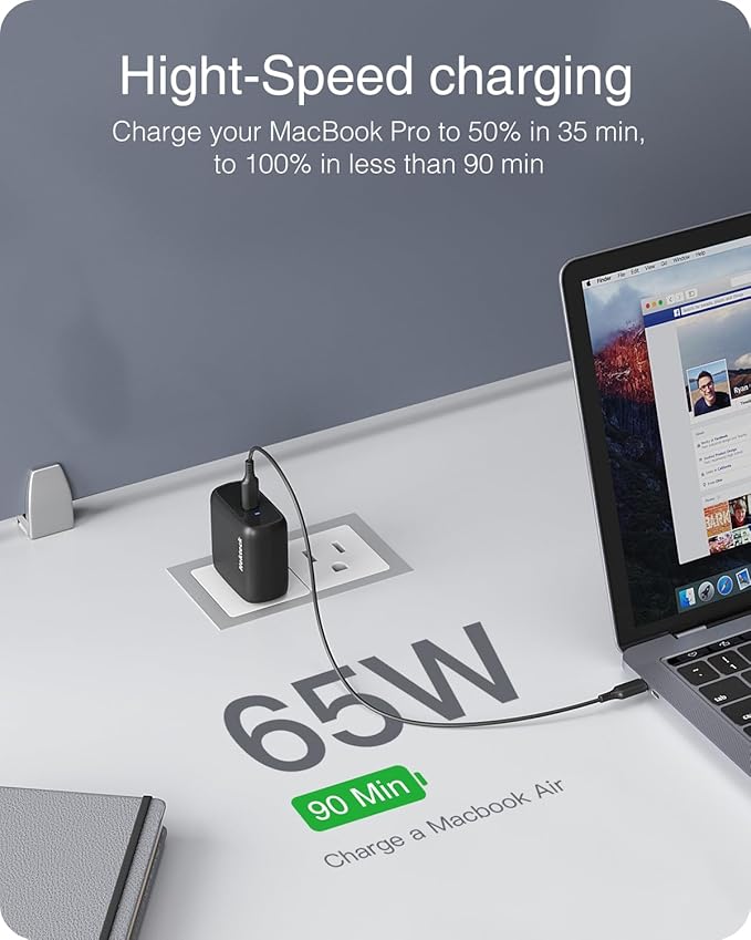 65W USB-C Charger, Nekteck Fast Charging Compatible with MacBook Air/Pro, Single-Port PD Laptop Charger with GaN II Technology, Compact & Stable