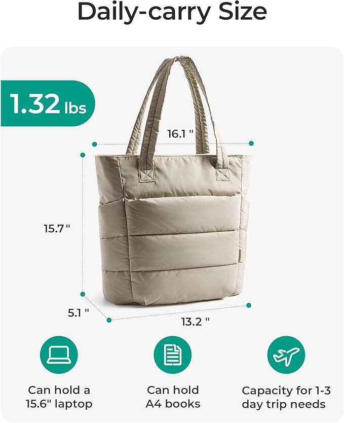 BAGSMART Tote Bag for Women, Lightweight Puffy Tote Bag with Compartments Shoulder Bag Handbag for Travel, Work, Gym | Puffy, Lightweight, for Travel, Quilted, Tote Bag with Compartments, Work
