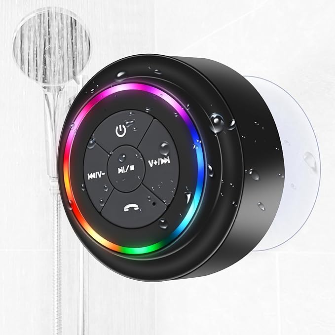 Waterproof Bluetooth Shower Speaker, Portable Wireless Speaker with Suction Cup, Small Portable Wireless Outdoor Speakers, 6 Mode RGB Lights, for Shower Bathroom Pool Beach, Gift Ideas for Christmas