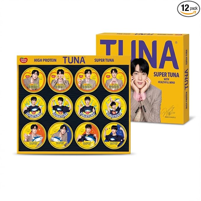 Dongwon BTS Jin Special Edition Tuna 12-Pack Gift Set – Limited Collectible Cans + 2 Stickers, High-Protein Korean Light Standard Tuna, Official K-Pop Merchandise, Premium Gift Box (150g x 12)