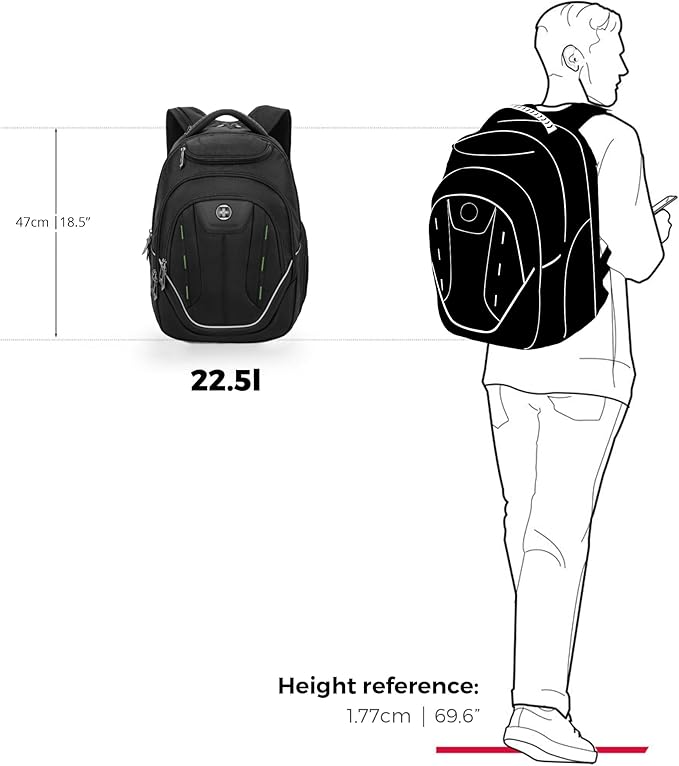 Swissdigital Design Large Travel Backpack For Men, TSA-Friendly Business Laptop Backpack, USB Charging Port，RFID Protection Tech Backpack Fits 15.6Inch Laptop Black/Green | J16BTF-21