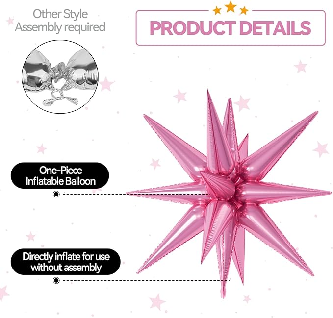 6PCS Star Balloons, 22Inch Large Green Pink Star Balloon Explosion Foil Balloons Cone Spike Balloon for Birthday Graduation Wedding Anniversary Party Backdrops Decorations