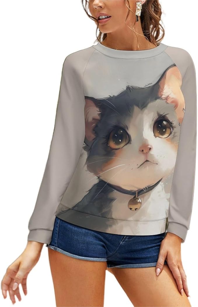 Long Sleeve Shirts for Women Cat Printed Fall Winter Dressy Holiday Casual Fashion Crewneck Tunic Tee Shirts